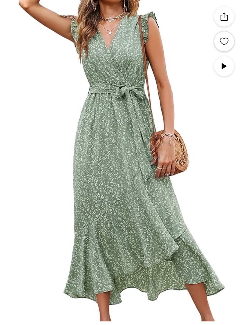Green Midi Wrap Dress with Flutter Sleeves size Large